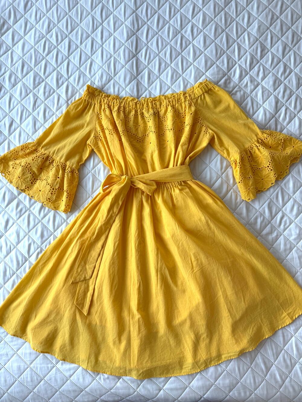 ONLY Sally Embroidered Cotton Dress Yellow Off Shoulder A-Line Tie Waist Size S